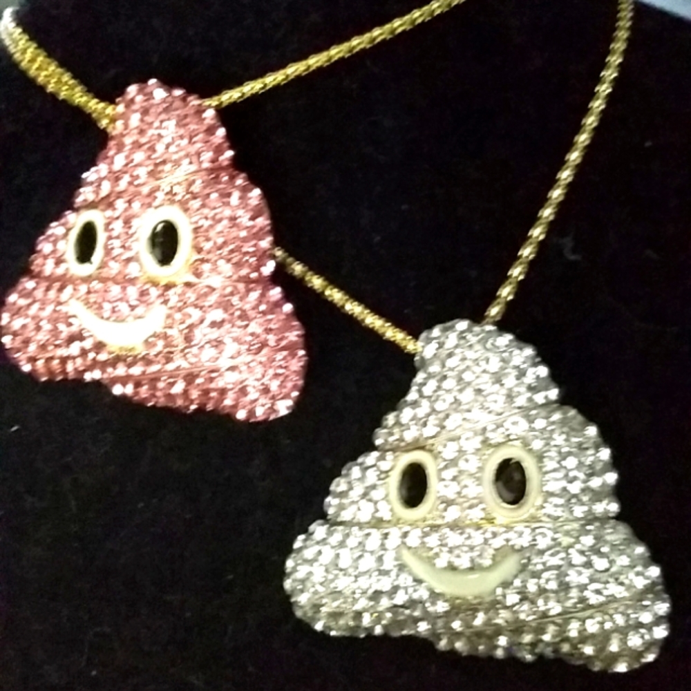 Pink or White Crystal Emoji Poo Brooch Pendant Necklace